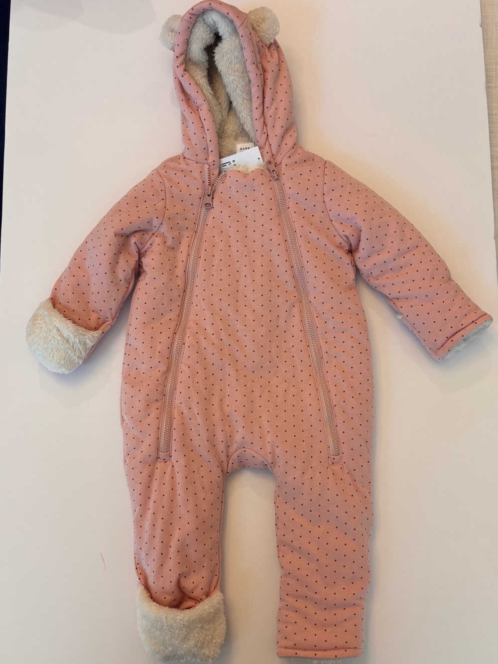 Baby Girl Pink Polka Dot Faux Fur Hooded Bunting Snowsuit Bear Ears
